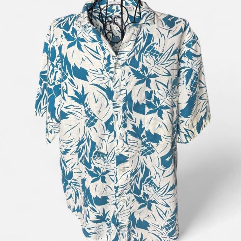 Vintage Yves Saint Laurent YSL Men's Shirt Medium Teal Pineapple Linen Ramie